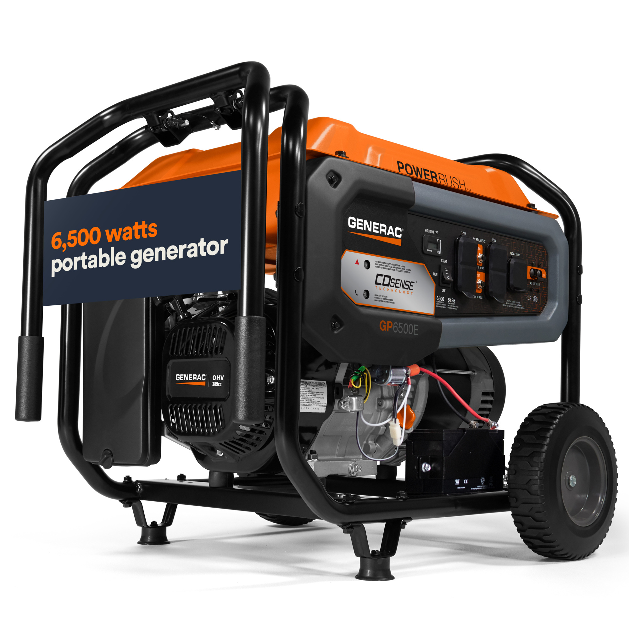 Generac 7713 GP6500E 8125 / 6500 Watt Electric Start Gas Powered Portable Generator w/ COSense, Wheel and Handle Kit Included, 50ST